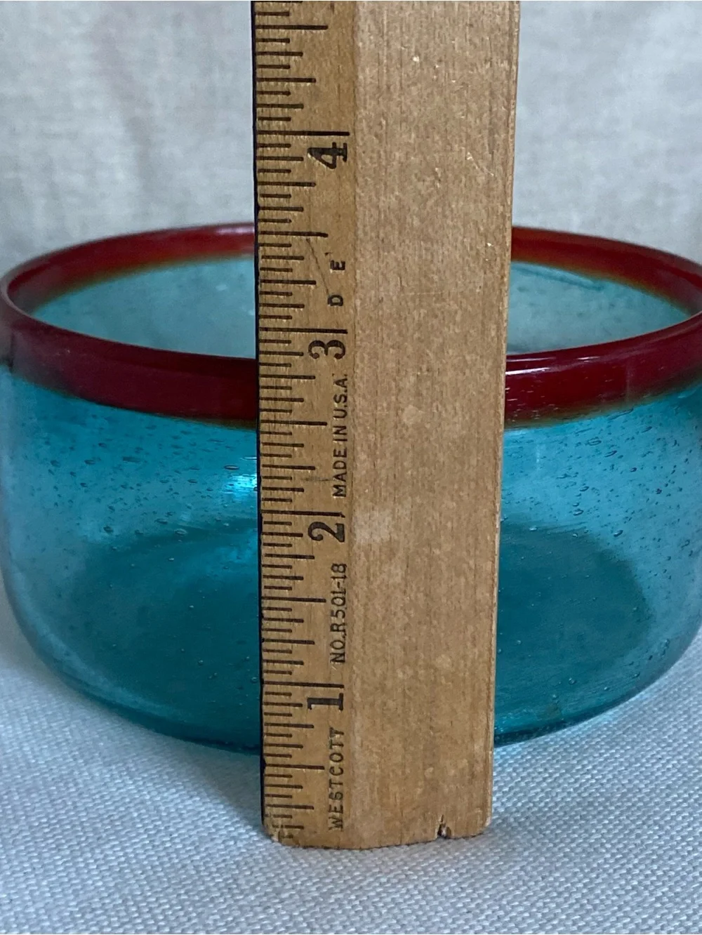 Handcrafted Recycled Glass Bowl Turquoise Aqua Blue with Red Amber Rim
